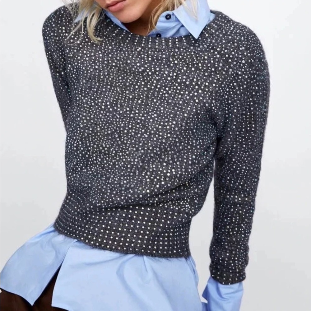 Gray knit iridescent crystal embellished sweater
